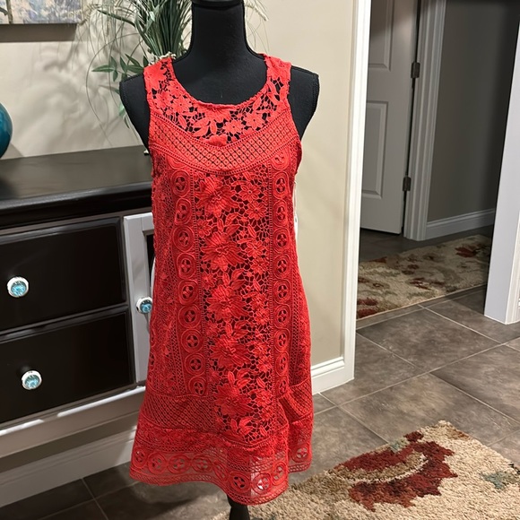 NWT. Coco + Jaimeson pretty red crocheted dress. Fully lined. Junior Medium. - Picture 2 of 16